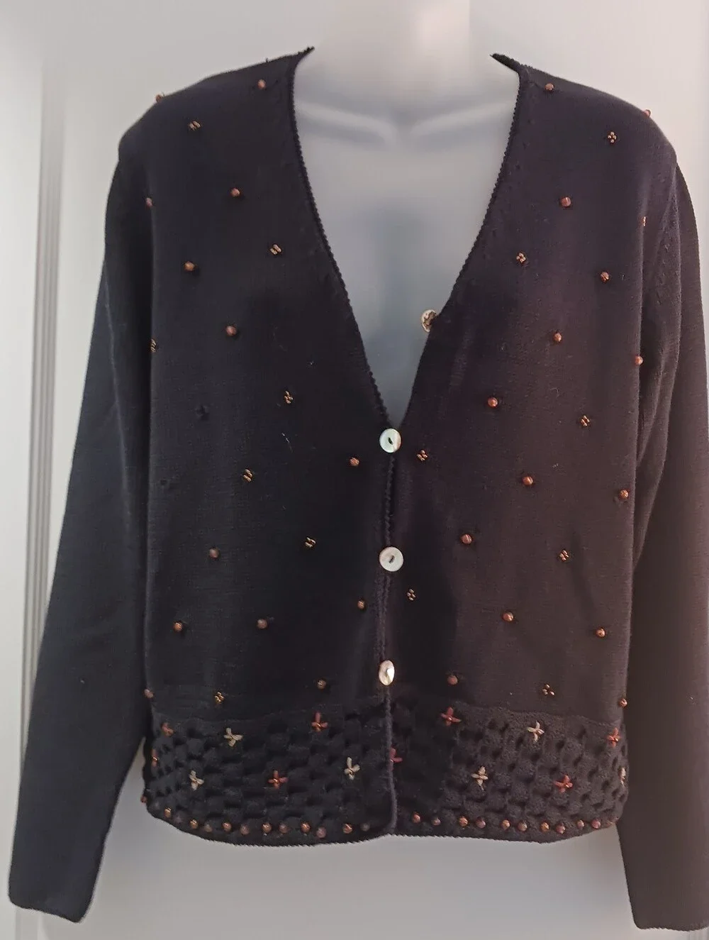Black Beaded V-Neck Women's Cardigan Sweater